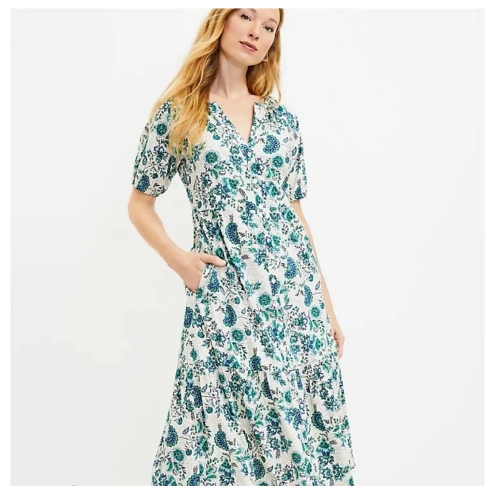 LOFT Green and White Puff Sleeve Sundress